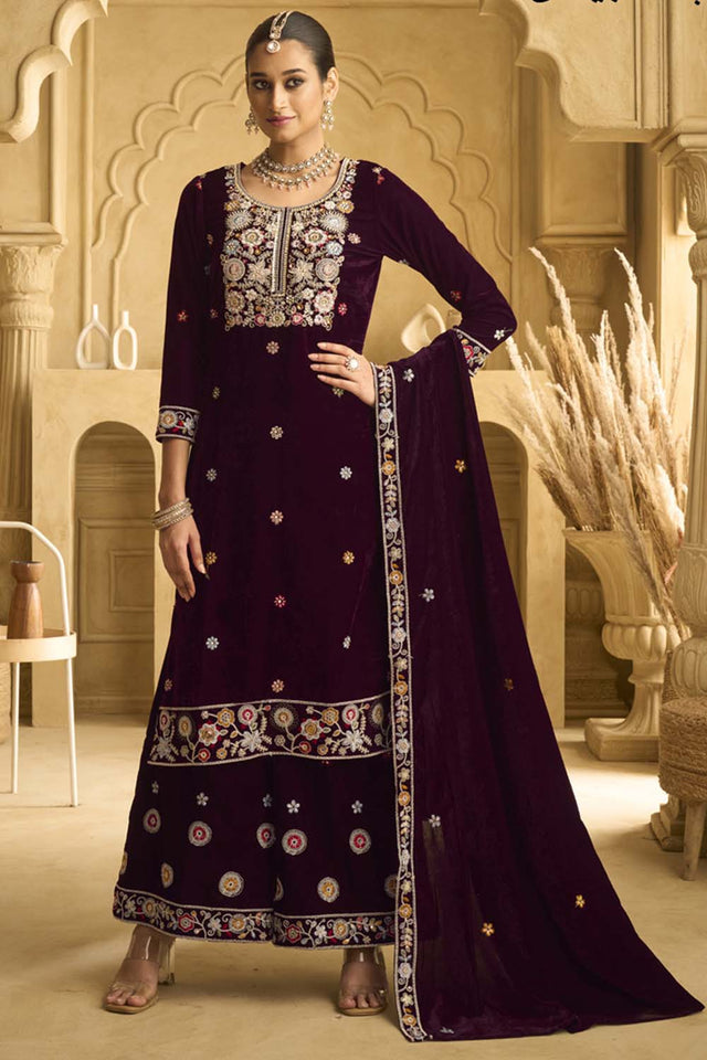 Violet Sequin with Embroidered Velvet Palazzo Suit Set