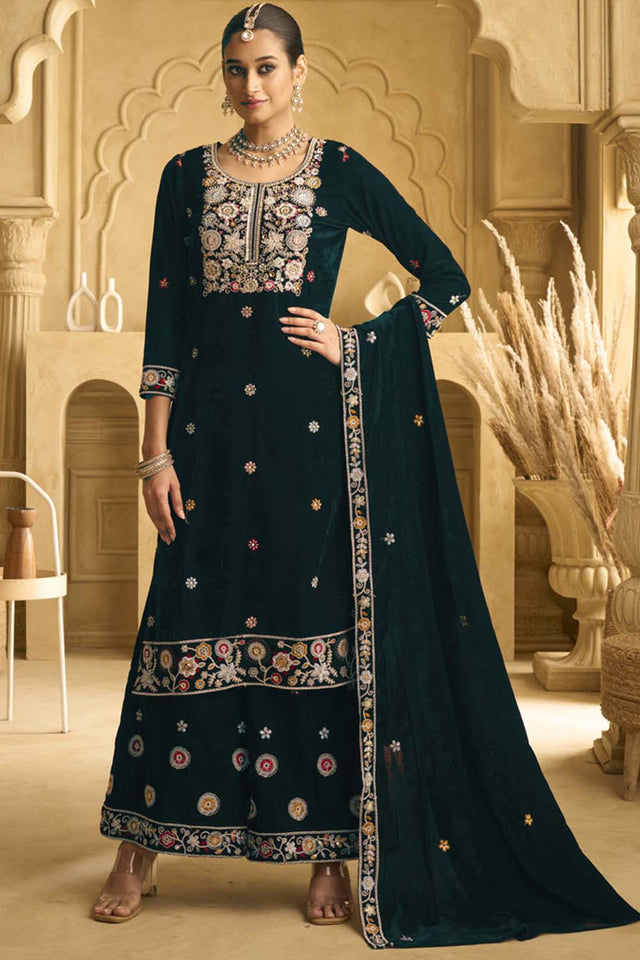 Green Sequin with Embroidered Velvet Palazzo Suit Set