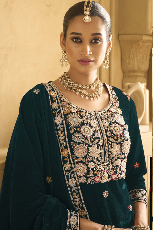 Green Sequin with Embroidered Velvet Palazzo Suit Set