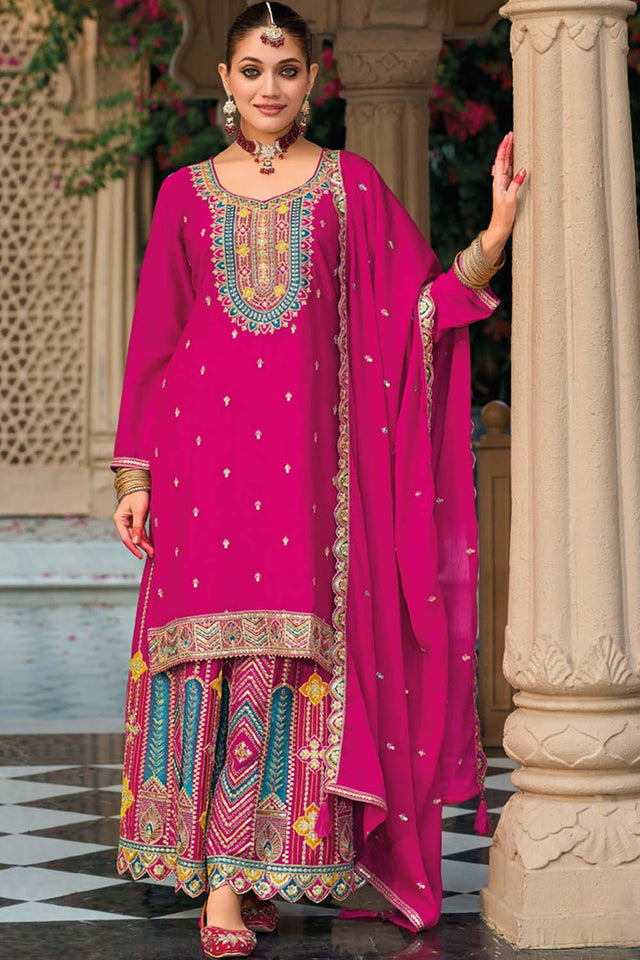 Dark Pink Sequin with Embroidered Art Silk Sharara Suit Set