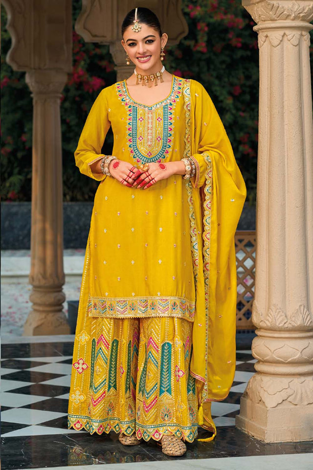 Yellow Sequin with Embroidered Art Silk Sharara Suit Set
