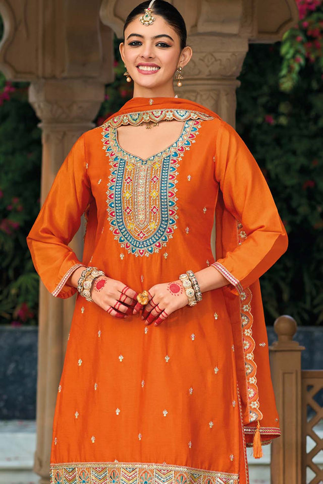 Orange Sequin with Embroidered Art Silk Sharara Suit Set