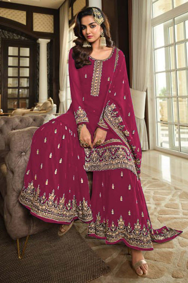 Pink Georgette Embroidered Round Neck Sharara Suit Set (vega nitya-8304-C)