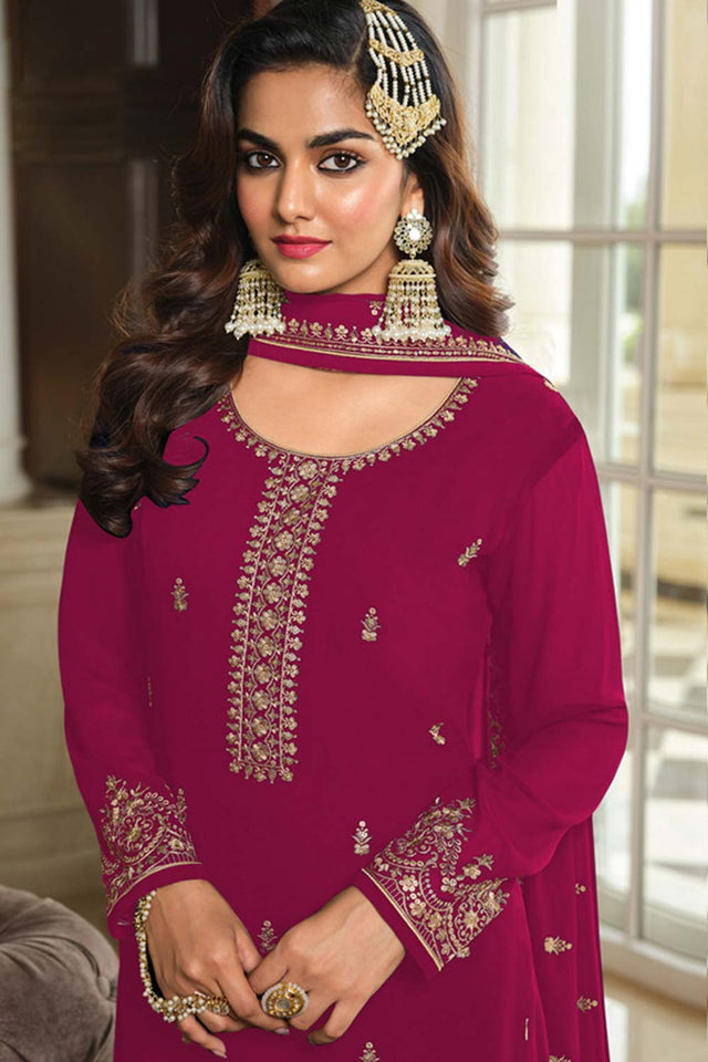 Pink Georgette Embroidered Round Neck Sharara Suit Set (vega nitya-8304-C)