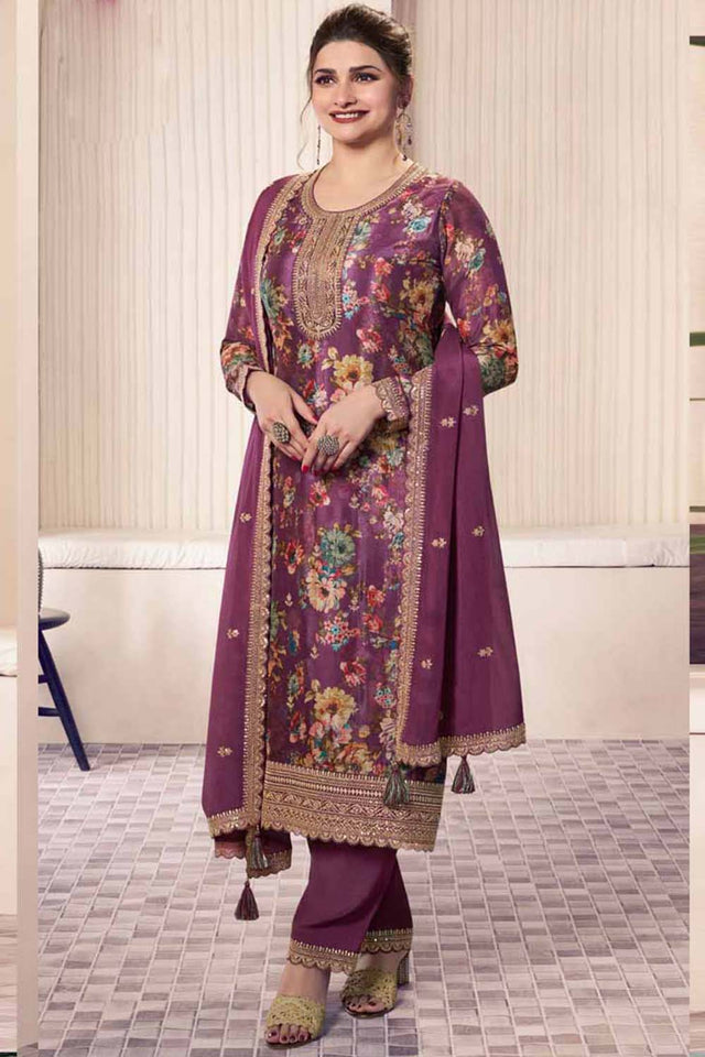 Pink Floral Printed Art-Silk Straight Cut Suit Set