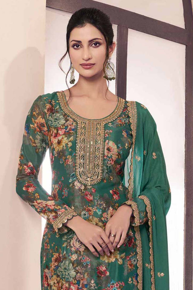 Green Floral Printed Art-Silk Straight Cut Suit Set