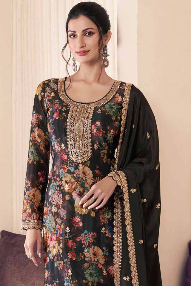 Black Floral Printed Art-Silk Straight Cut Suit Set