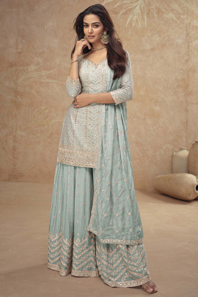Blue Mirror Sequin Art Silk Sharara Suit Set