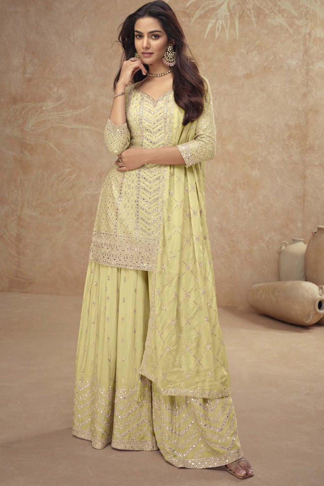 Yellow Mirror Sequin Art Silk Sharara Suit Set