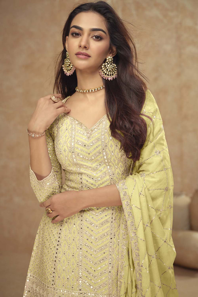 Yellow Mirror Sequin Art Silk Sharara Suit Set