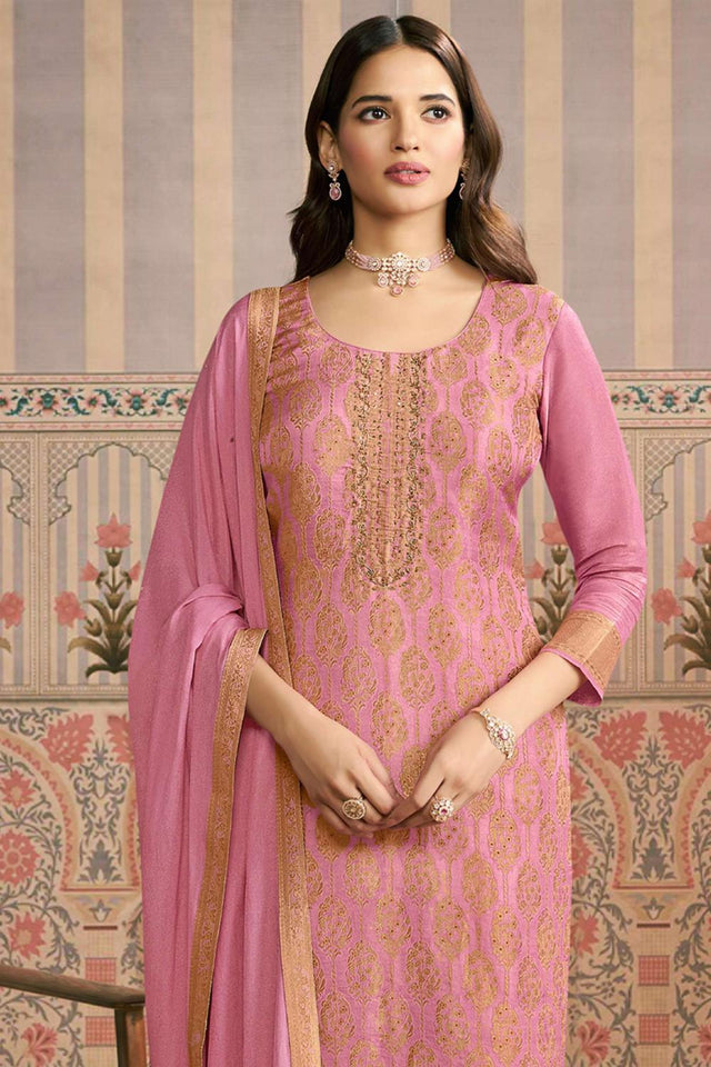 Pink Embroidered Jacquard Kurti Pant Set