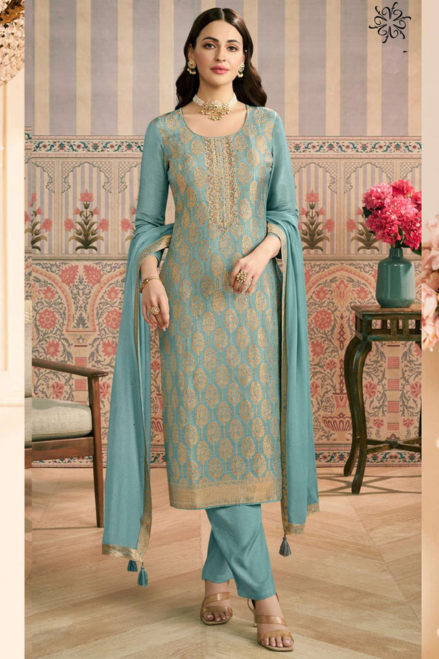 Blue Embroidered Jacquard Kurti Pant Set