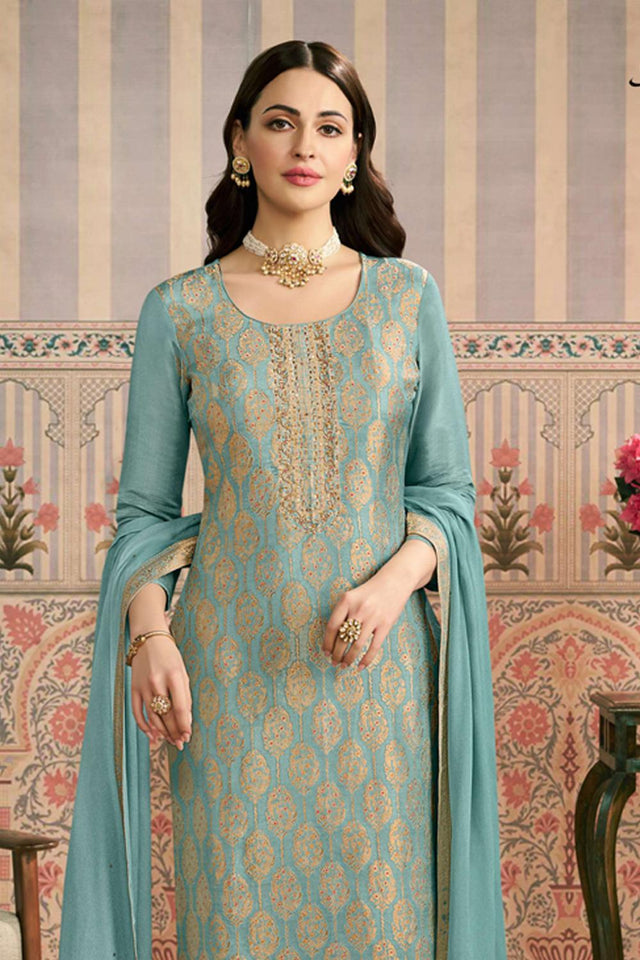 Blue Embroidered Jacquard Kurti Pant Set