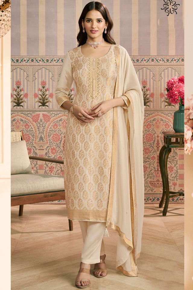 Off White Embroidered Jacquard Kurti Pant Set