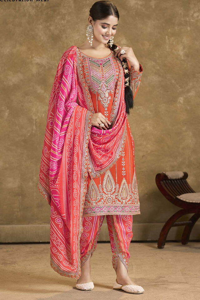 Orange Sequin with Embroidered Art Silk Patiala Suit Set