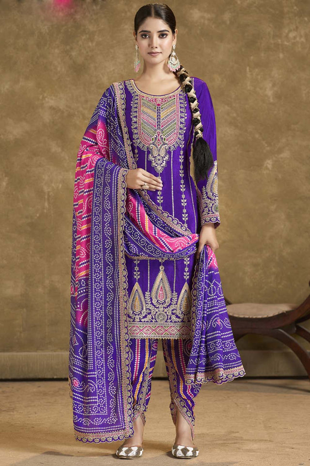 Violet Sequin with Embroidered Art Silk Patiala Suit Set