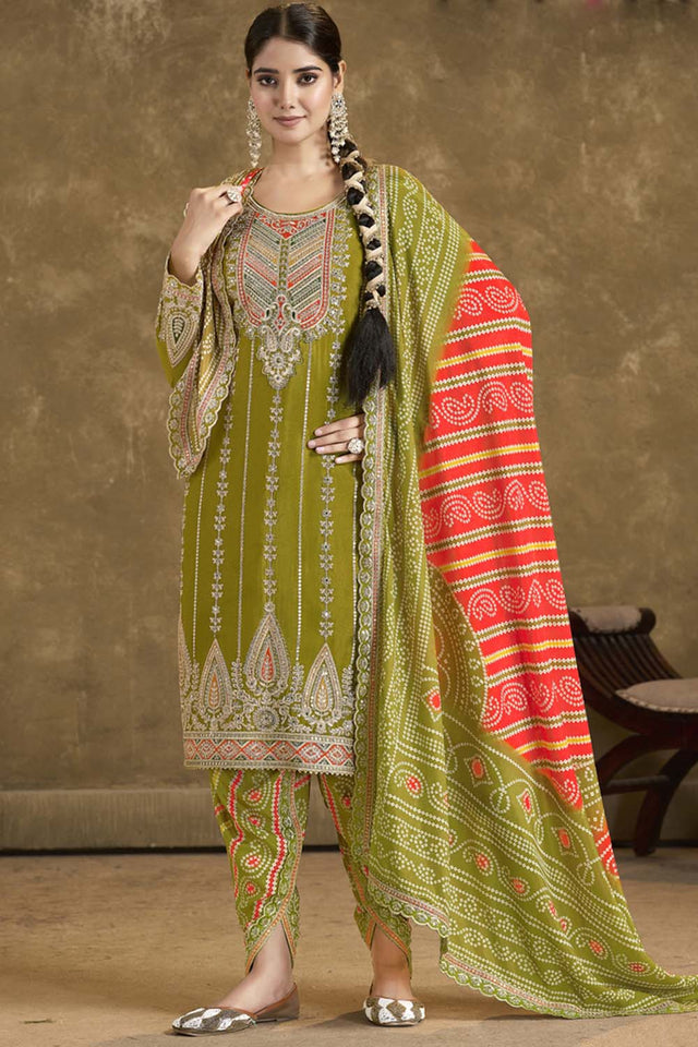 Mehendi Sequin with Embroidered Art Silk Patiala Suit Set