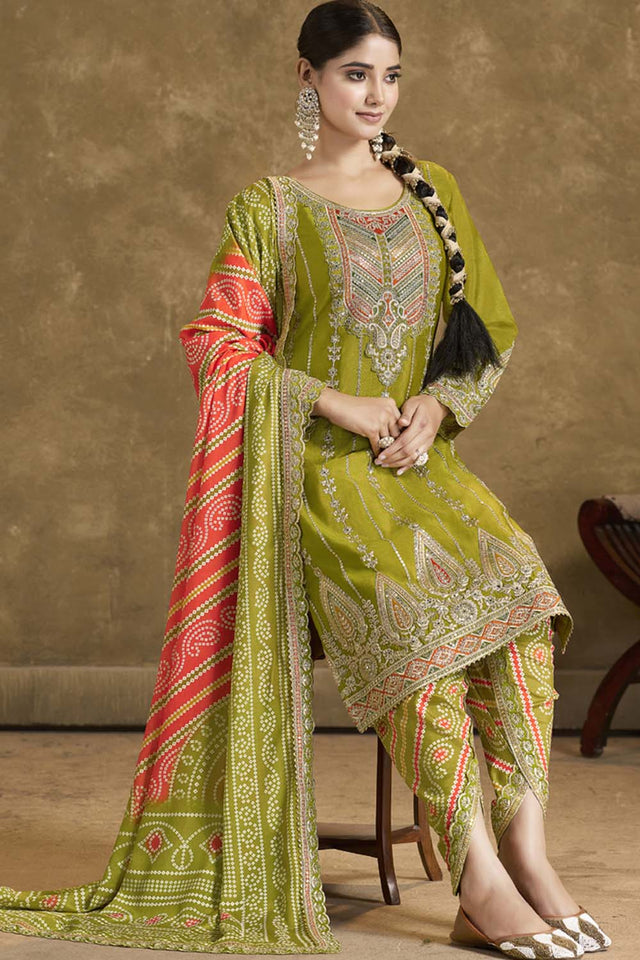 Mehendi Sequin with Embroidered Art Silk Patiala Suit Set