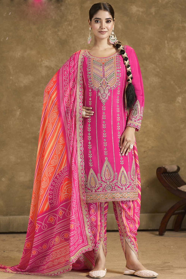 Pink Sequin with Embroidered Art Silk Patiala Suit Set