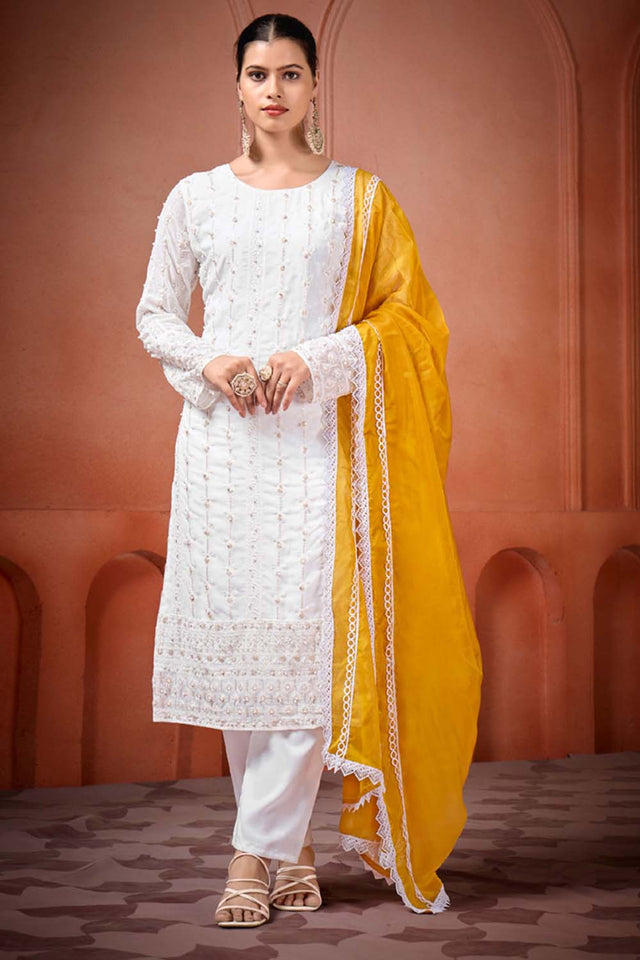 White Embroidered Georgette Straight Cut Suit Set