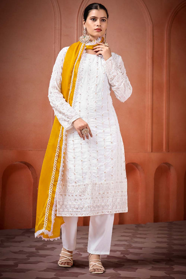 White Embroidered Georgette Straight Cut Suit Set
