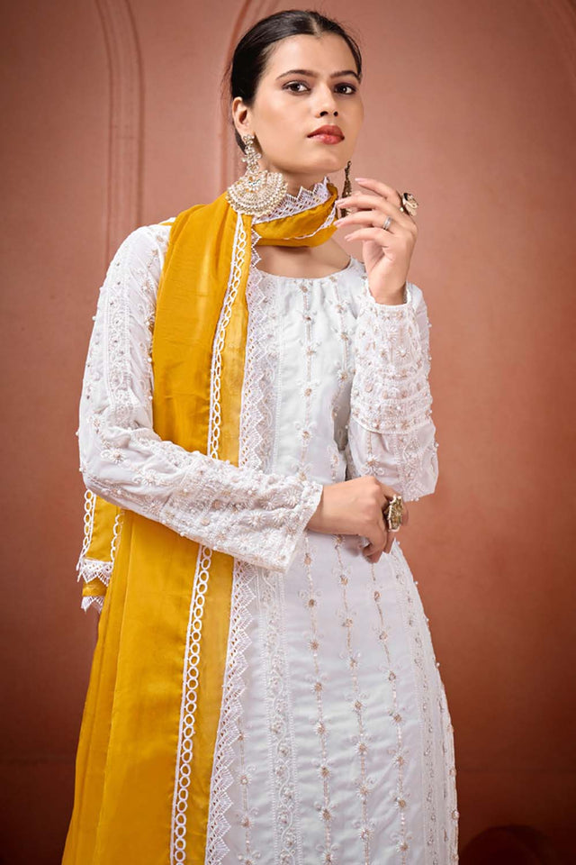 White Embroidered Georgette Straight Cut Suit Set
