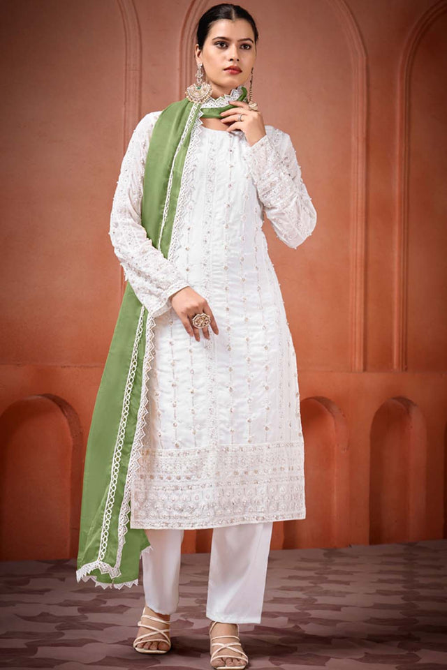 White Embroidered Georgette Straight Cut Suit Set