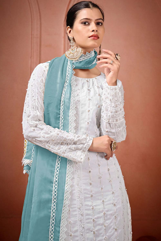 White Embroidered Georgette Straight Cut Suit Set