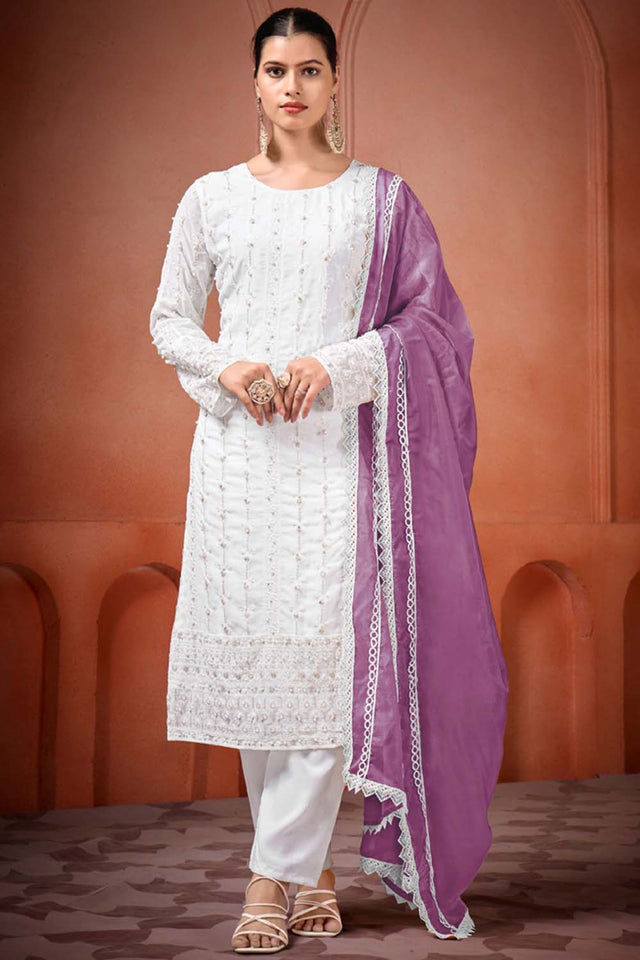 White Embroidered Georgette Straight Cut Suit Set