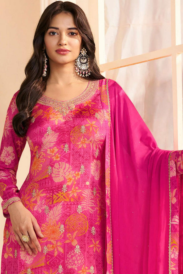 Pink Floral Printed Art Silk Kurti Pant Set