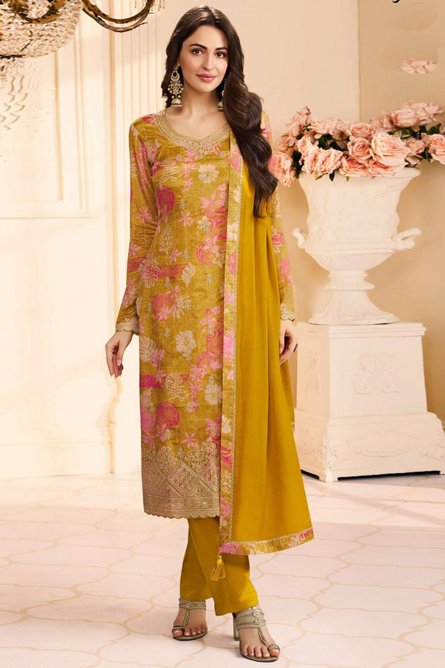 Yellow Floral Printed Art Silk Kurti Pant Set