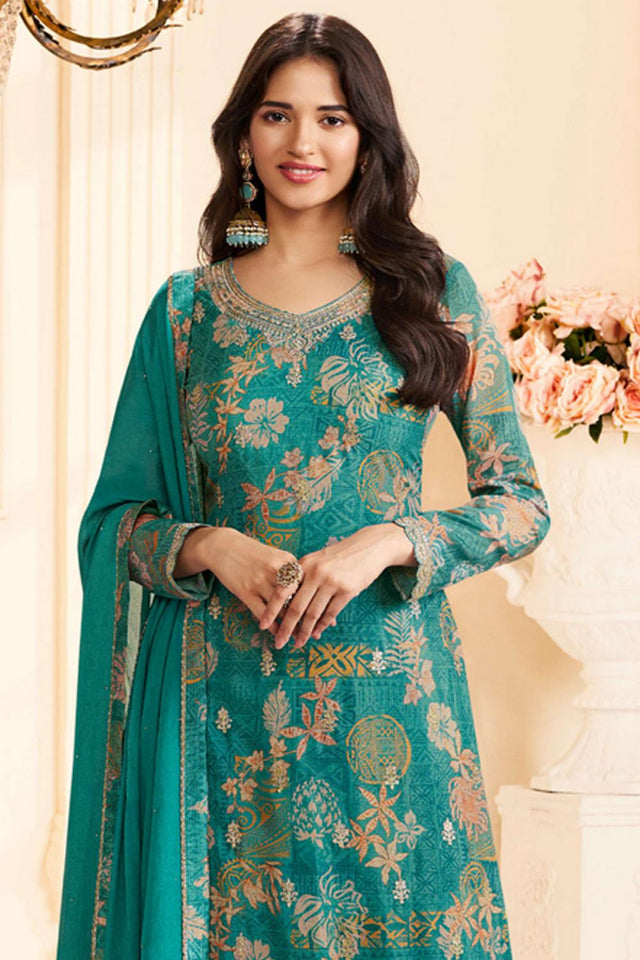 Turquoise Floral Printed Art Silk Kurti Pant Set