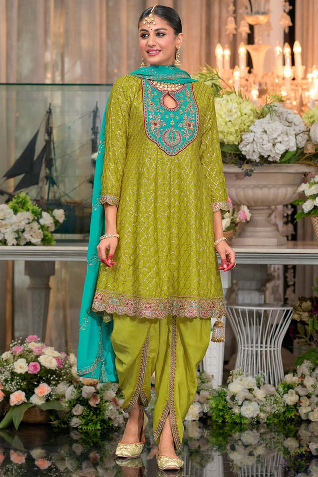 Mehendi Sequin with Embroidered Art Silk Patiala Suit Set