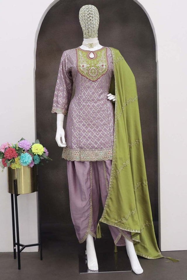 Lavender Sequin with Embroidered Art Silk Patiala Suit Set