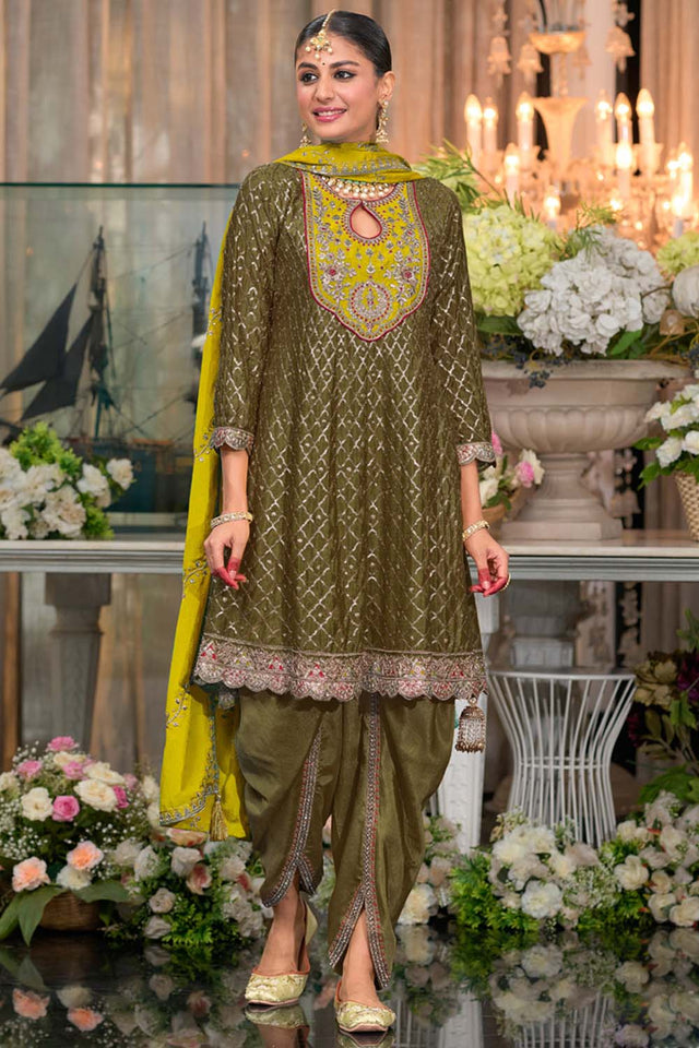 Mehendi Sequin with Embroidered Art Silk Patiala Suit Set