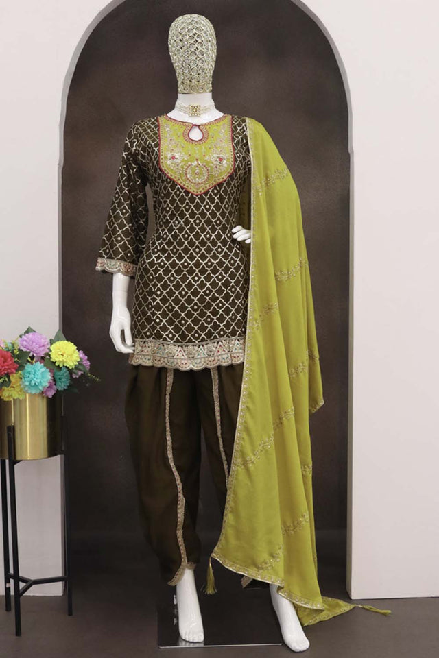 Mehendi Sequin with Embroidered Art Silk Patiala Suit Set