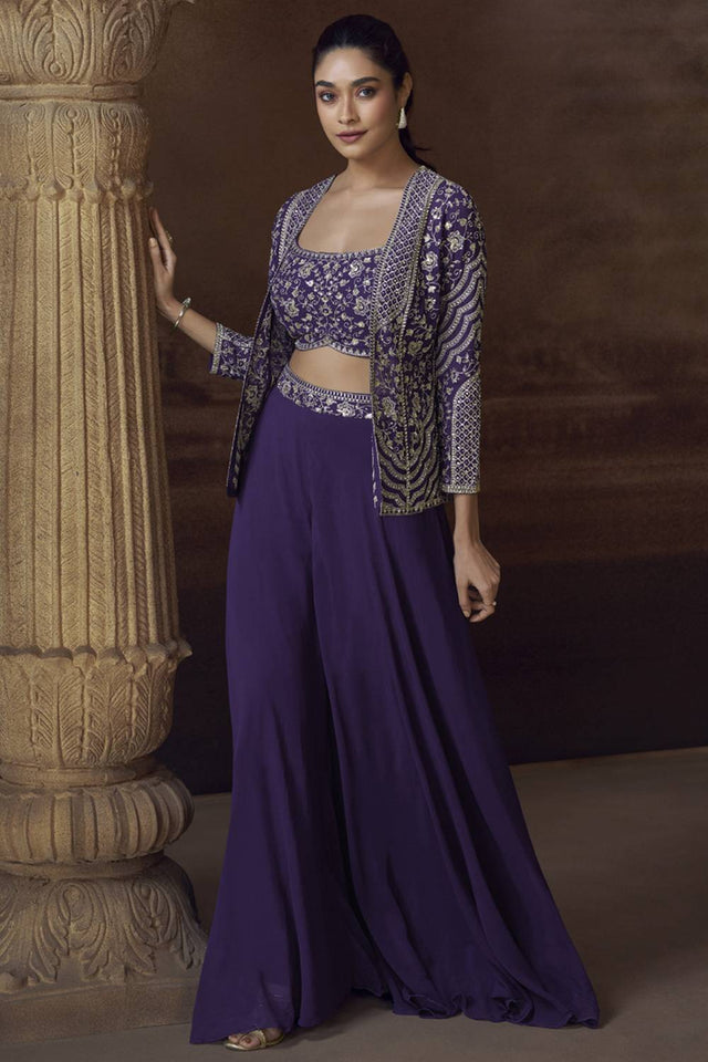 Violet Floral Embroidered Art Silk Co-Ord Set (vega sayuri SILKY-5830)