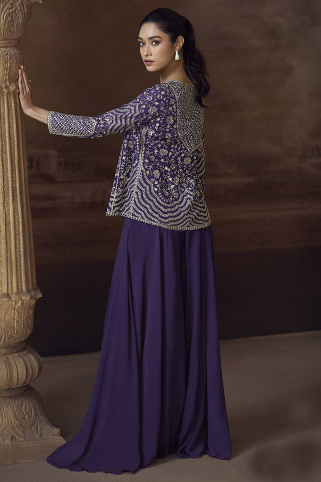 Violet Floral Embroidered Art Silk Co-Ord Set (vega sayuri SILKY-5830)