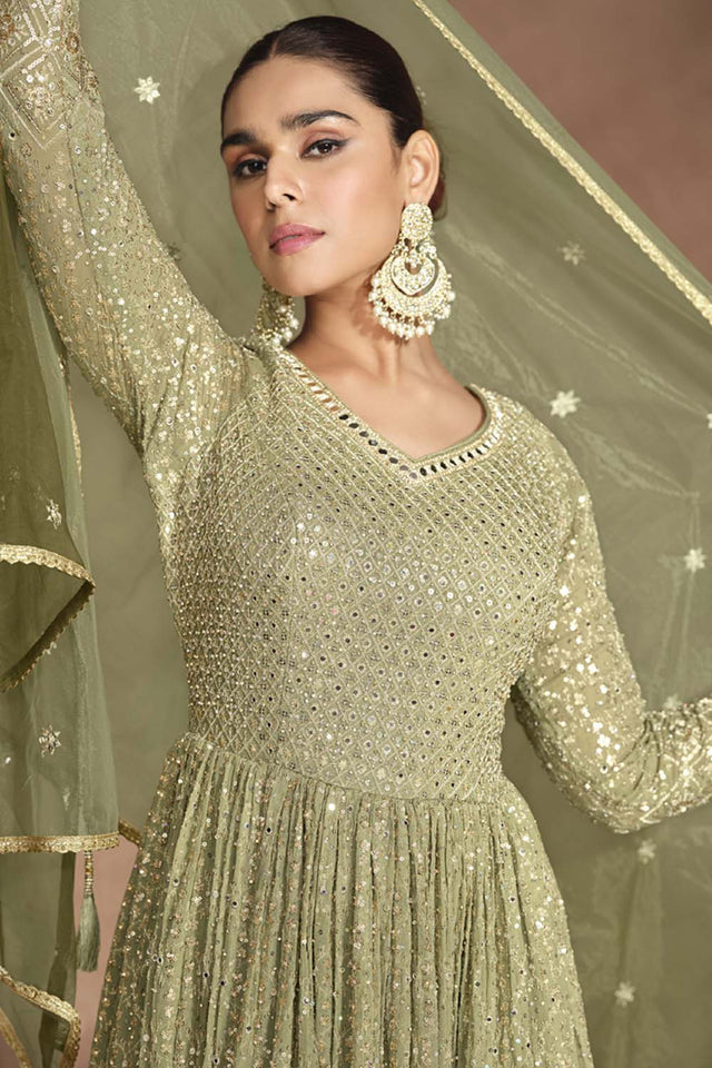 Green Sequin with Embroidered Georgette Gown