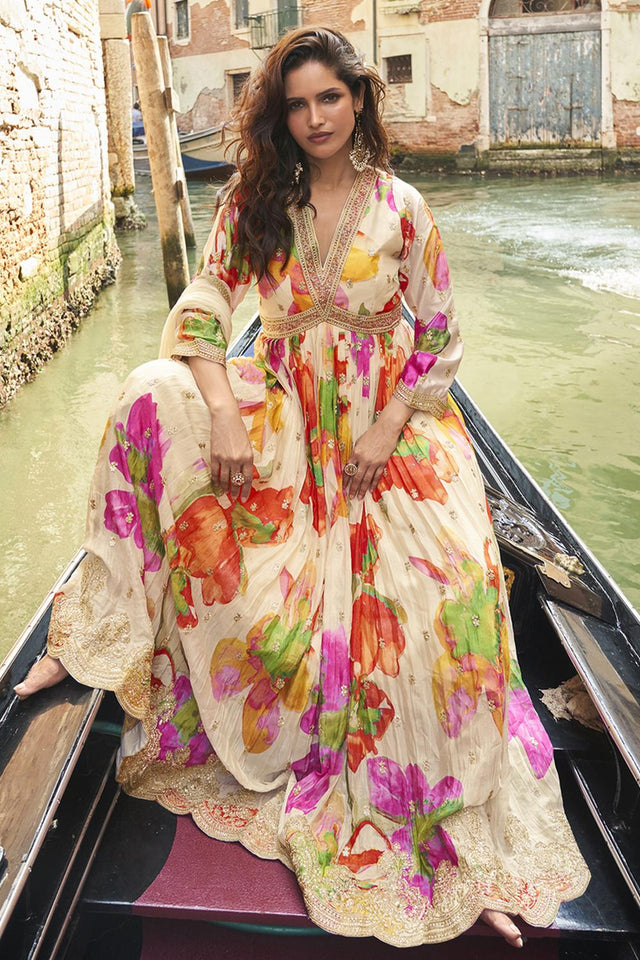 Cream Floral Printed Art Silk Gown