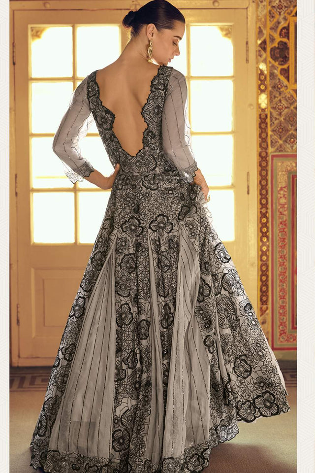 Grey Floral Embroidered Viscose Gown (vega sayuri karishma-5768)