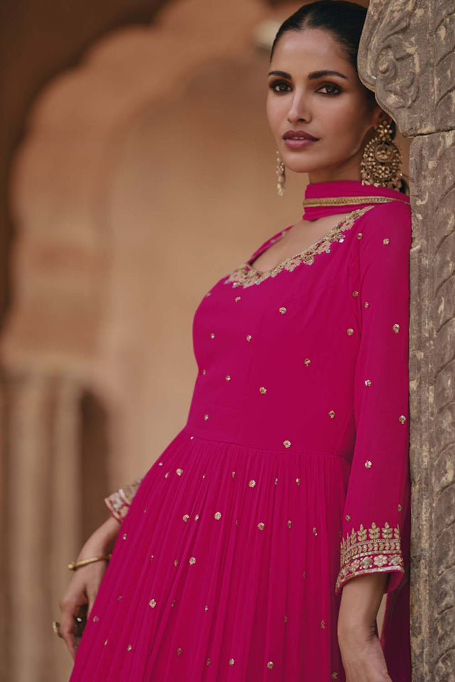 Pink Sequin with Embroidered Georgette Gown