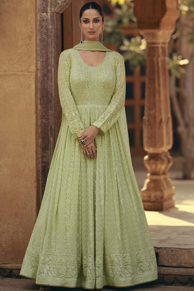 Green Sequin with Embroidered Georgette Gown