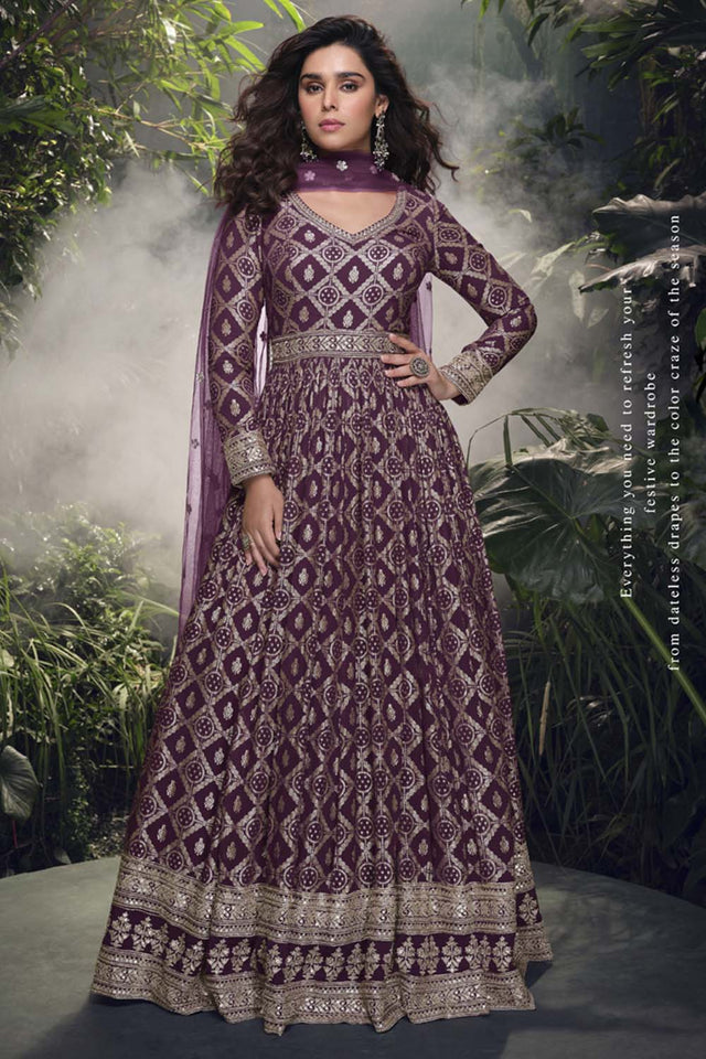 Wine Banarasi Viscose Anarkali Suit Set