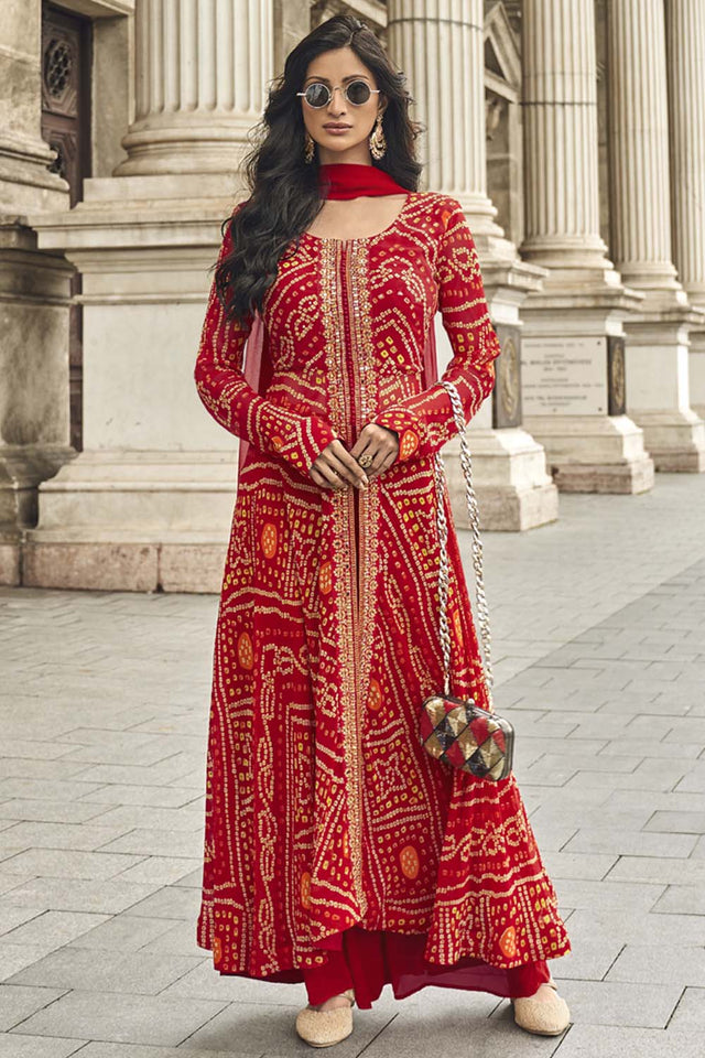 Red Bandhani Georgette Palazzo Suit Set
