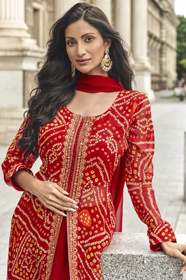 Red Bandhani Georgette Palazzo Suit Set