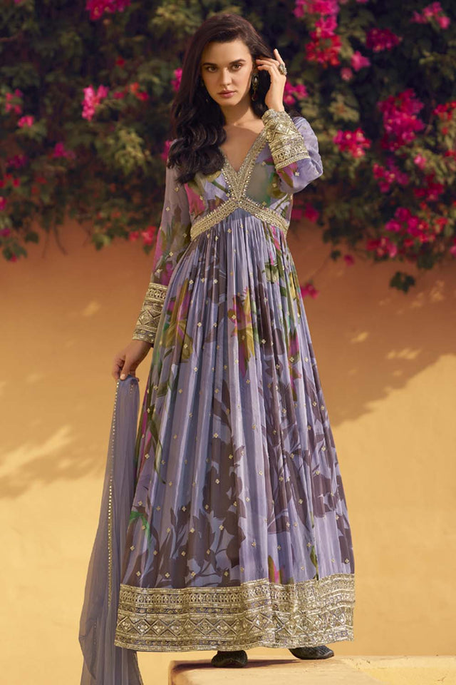 Violet Sequin With Embroidered Silk Gown