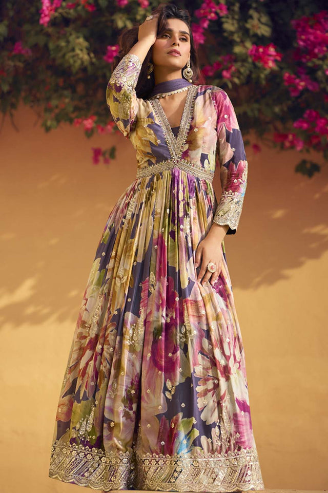 Multi-Color Sequin With Embroidered Silk Gown