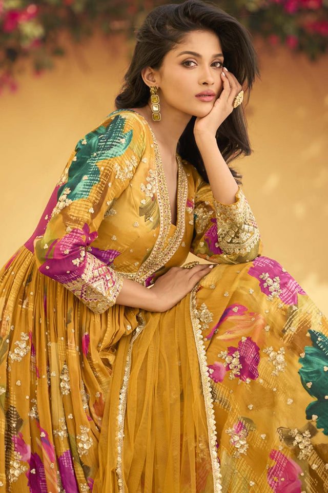 Yellow Sequin With Embroidered Silk Gown