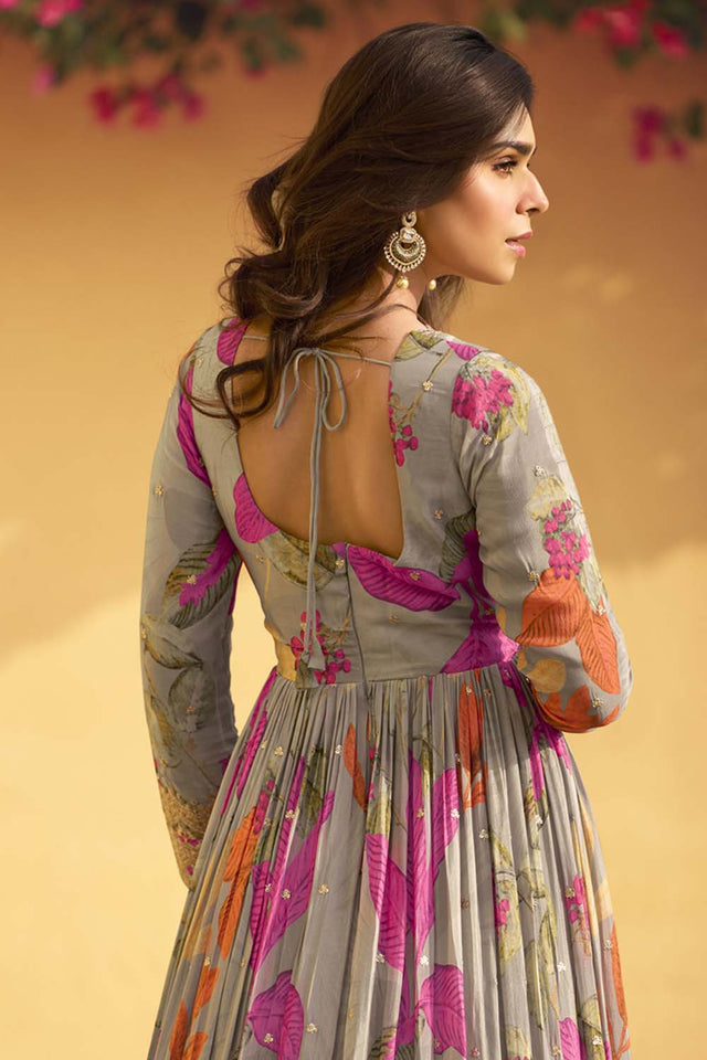 Grey Sequin With Embroidered Silk Gown